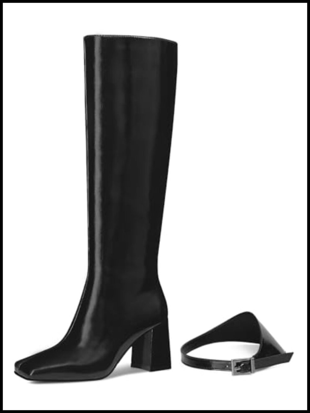 Knee High Boots Square Toe Chunky Heel Side Zipper Rhinestone Sparkly Tall Boots - Picture 2 of 6